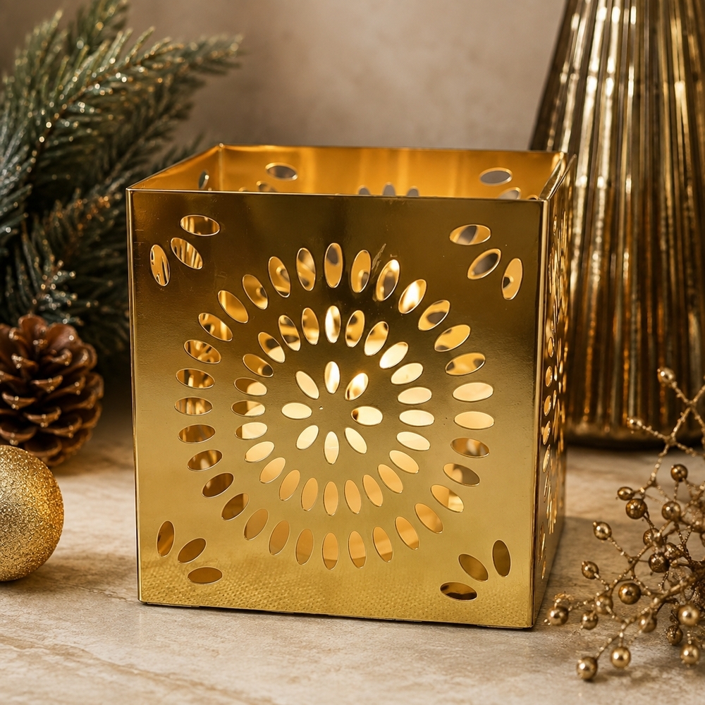 Teleflora Gold Metal Starburst Cutout Tealight Candle Holder 4.25in VG